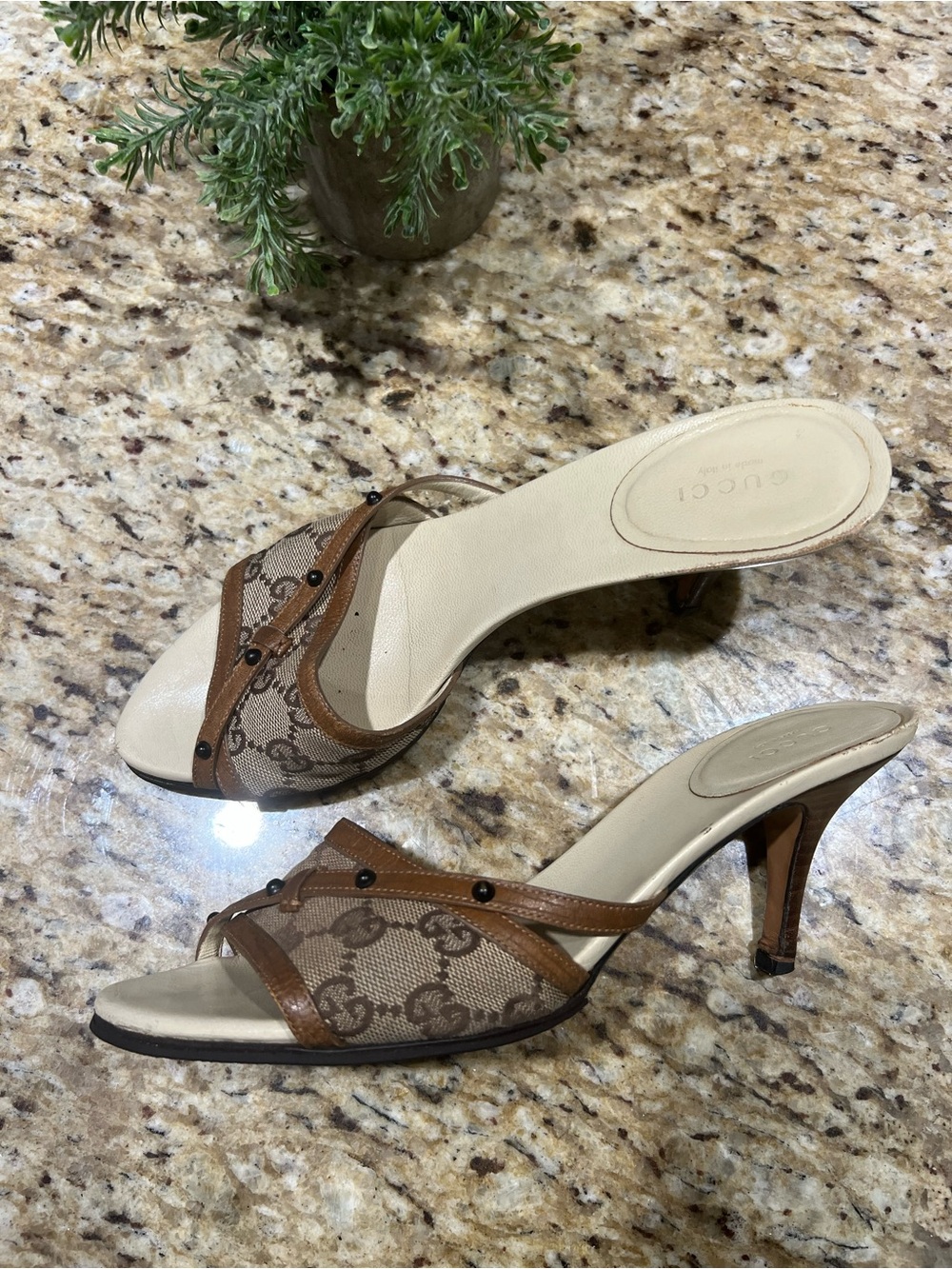 Gucci Brown GG Monogram Open-Toe Leather Mule Heel Sandals 8.5B